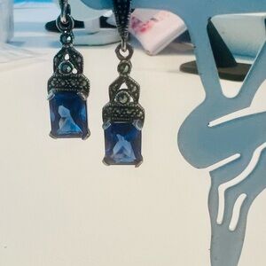 Art Nouveau CZ Sapphire and Marcasite Sterling Blue Earrings